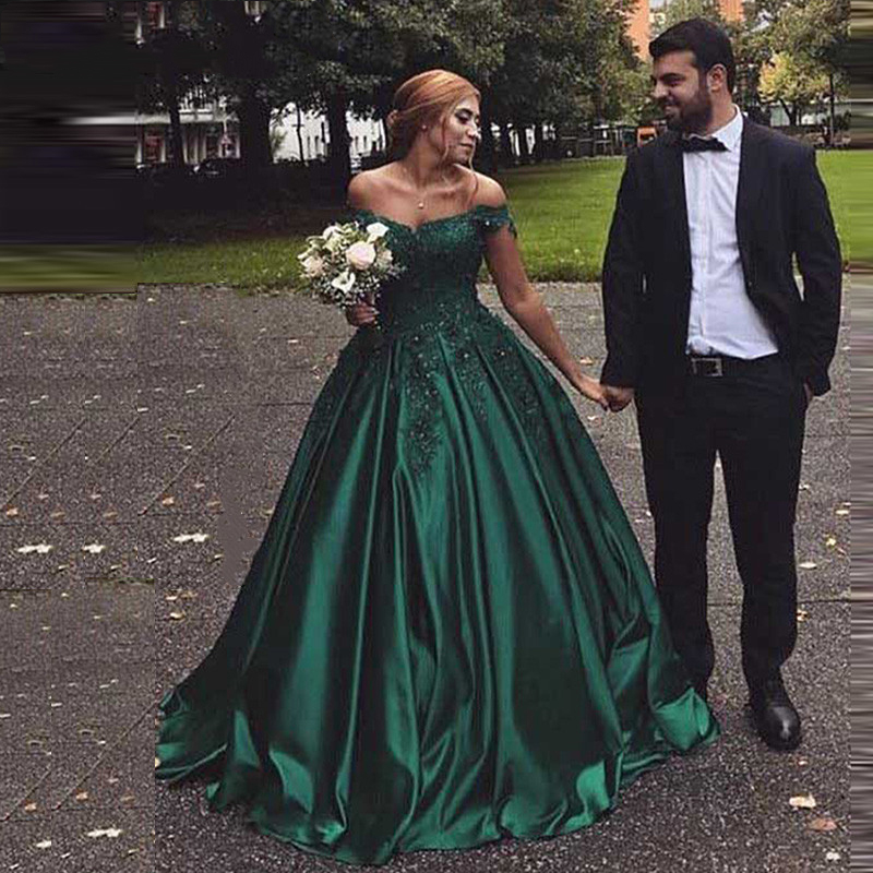 Vintage Dark Green Formal Evening Dresses Off Shoulder 2022 A Line Arabic Dubai Prom Party Gowns Short Sleeve Plus Size Turkey Muslim Special Occasion