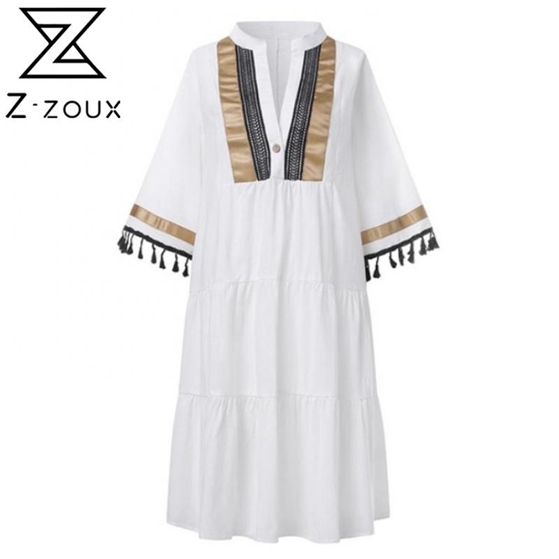 Women Dress Tassel Patchwork V-neck Beach Dresses Color Matching Plus Size Sexy Bohemian For 210513