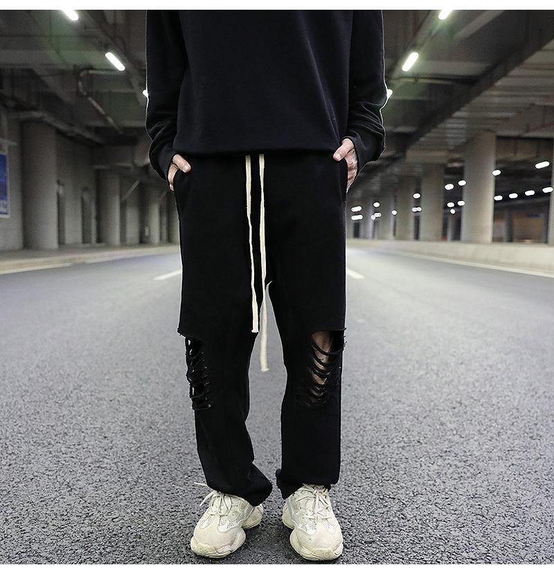 Dark Wind Hole Knife Cut Straight Loose Terry Draping Guard Pants Hip-hop Black All-match Cotton Casual Men Men's