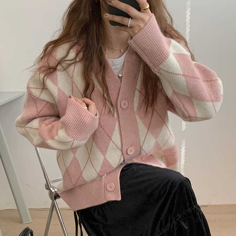 Korean Oversize Cardigan Tops Women Knitted Sweater Argyle Cardigan Loose Single Breasted Students V-neck Lovely Knitwear 17068 211014