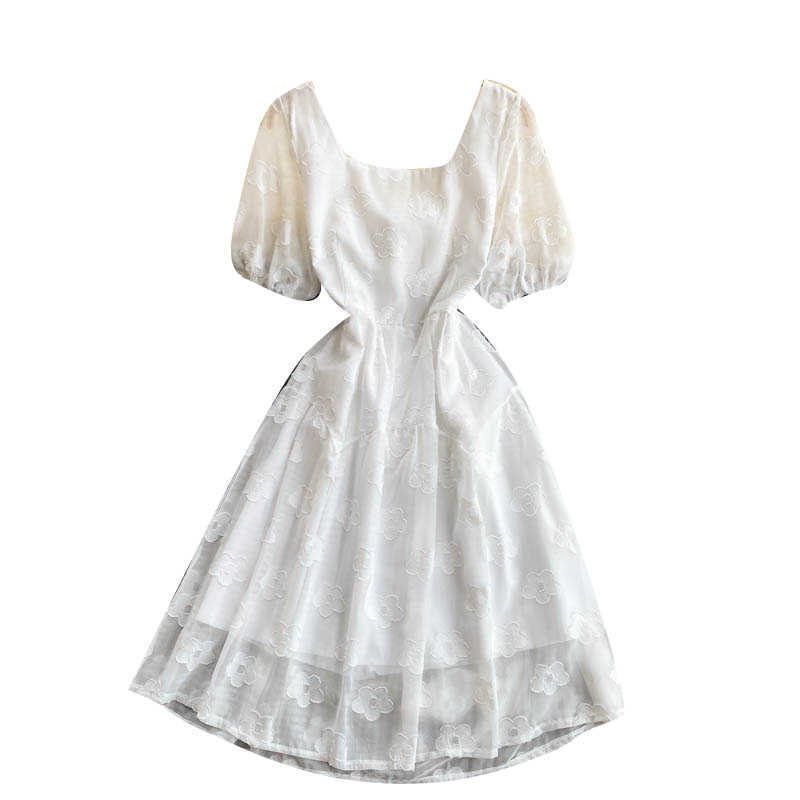 DEAT Women White Dress Square Collar Short Puff Sleeve Arrivals Lady Temperament Fashion Spring Summer 11D567 210709