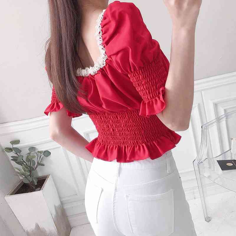 Summer Elegant Square Collar Short Puff Sleeve Blouse Female Fashion Hit Color Office Ladies Shirt 210506