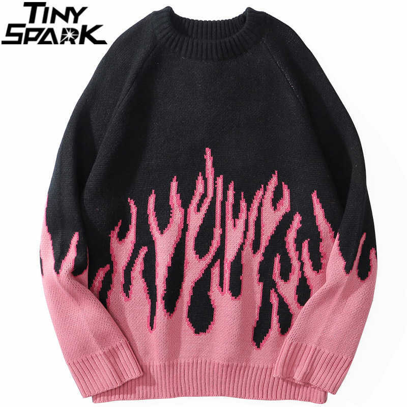 Hip Hop Mens Streetwear Harajuku Knitted Sweater Blue Fire Flame Autumn Sweater Pullover Loose HipHop Retro Vintage Cotton 210818