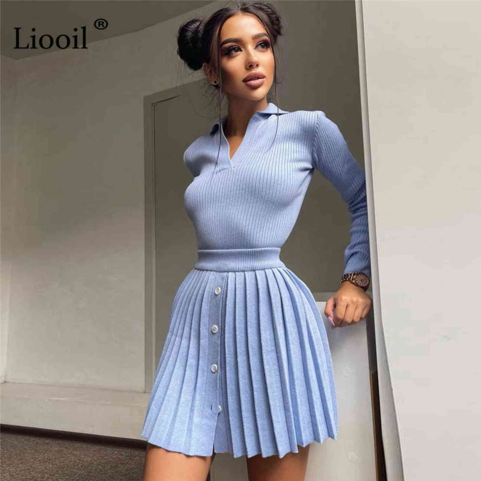Two Piece Sweater Outfits Set Women Knitted Tops And Pleated Mini Skirts Long Sleeve V Neck Button Up Streetwear Sexy Skirt Sets 211109