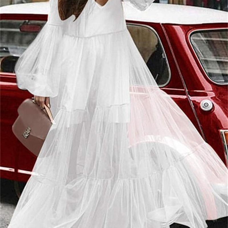 Women Dress V Neck Puff Sleeve Perspective Mesh Long es Elegant Maxi es Loose White Summer 210524