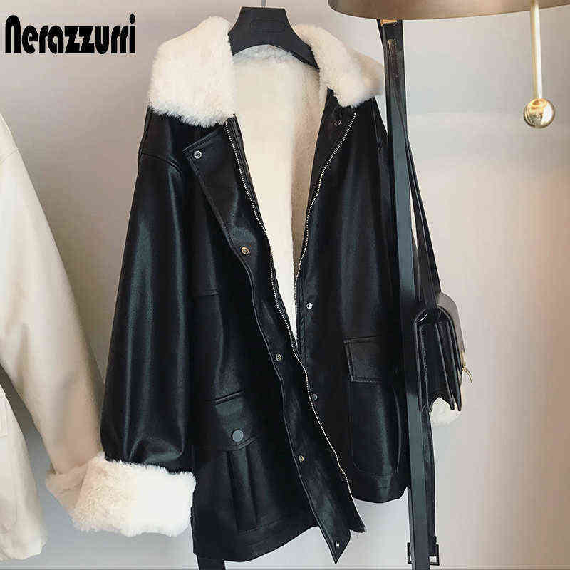 Nerazzurri Winter Oversized Leather Jacket Women with Faux Rex Rabbit Fur Inside Warm Soft Thickened Fur Lined Coat Long Sleeve 211130