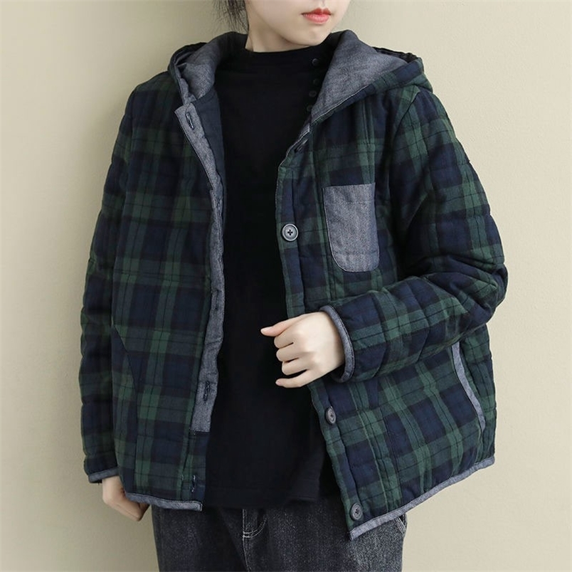 Autumn Winter Arts Style Women Long Sleeve Loose Hooded Coats All-matched Casual Single Breasted Thick Warm Plaid Jackets M486 210512