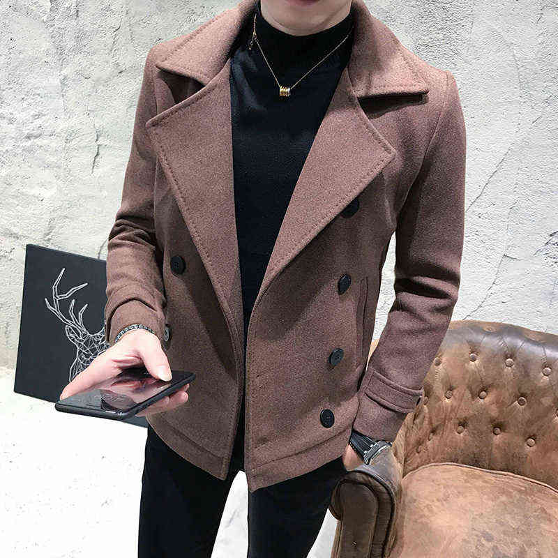 Autumn Winter Solid Color Overcoat Woolen Coat Red Black Smart Casual Mens Wool Coat Coats Jackets Slim Fit Mens Pea Coat 211122