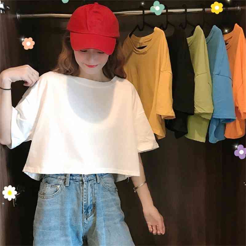 Summer Loose Short Cottonsolid O Neck T-shirt Women's High-waisted All Match Tops 210615, Orange 
Summer Loose Short Cottonsolid O Neck T-shirt Women's High-waisted All Match Tops 210615, Orange