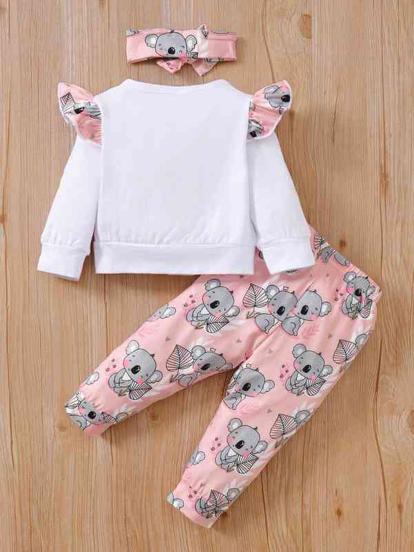 Baby Koala And Floral Print Ruffle Trim Pullover & Sweatpants With Headband SHE