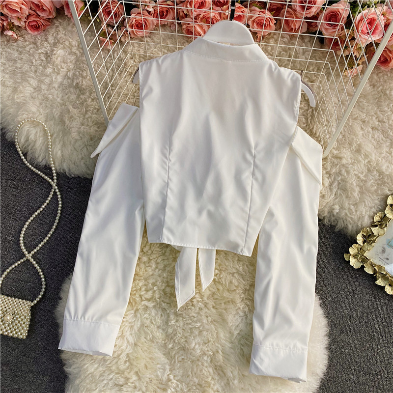 Nomikuma V-neck Strapless Long Sleeve Blouse Tops Women Spring Short Blusas Korean Bow Bandage Sweet Fashion Shirt 6F136 210427