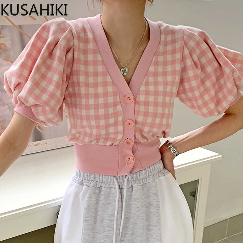 KUSAHIKI Summer Sweet Plaid Jakcet Women Puff Sleeve V-neck Chic Coat Single Breasted Slim Short Outerwear 6J753 210602, Pink
KUSAHIKI Summer Sweet Plaid Jakcet Women Puff Sleeve V-neck Chic Coat Single Breasted Slim Short Outerwear 6J753 210602, Pink