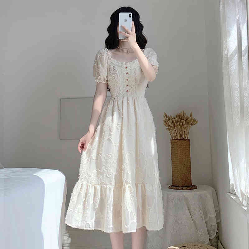 French Elegant Dress Women Button Lace Square Collar Dress Evening Party Vintage Sweet Female Summer Dress Korean 210521
