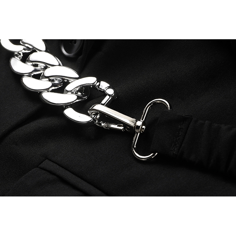 [EAM] Women Black Metal Belt Big Size Blazer Notched Long Sleeve Loose Fit Jacket Fashion Spring Autumn 1DD5843 210512