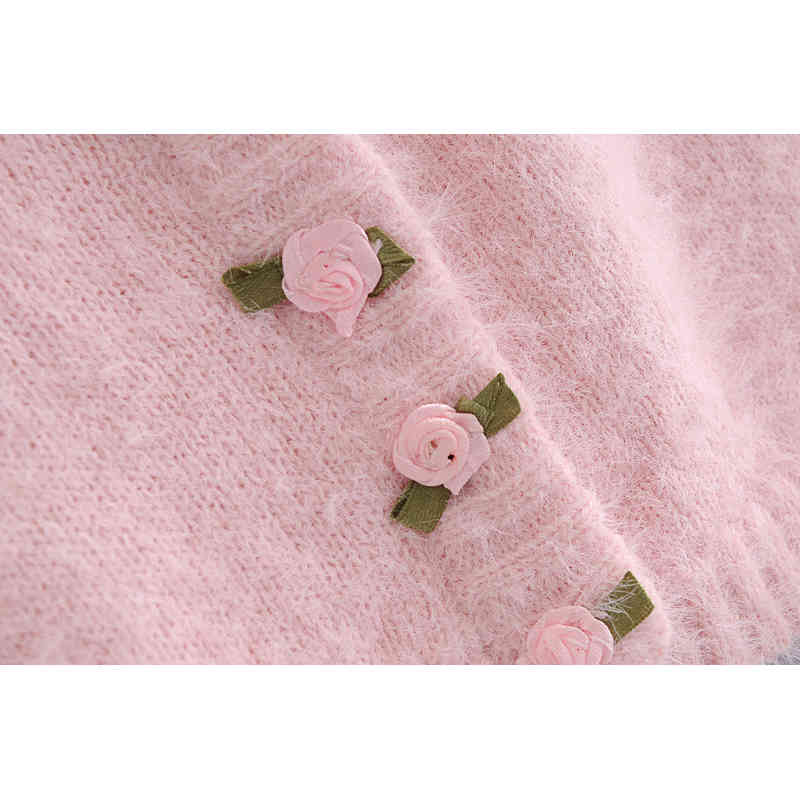 Evfer Cute Lady Fashion Rose Flower Button Pink Autumn Knitted Cardigans Sweet Women French Style V-neck Mohair Short Sweaters 210421