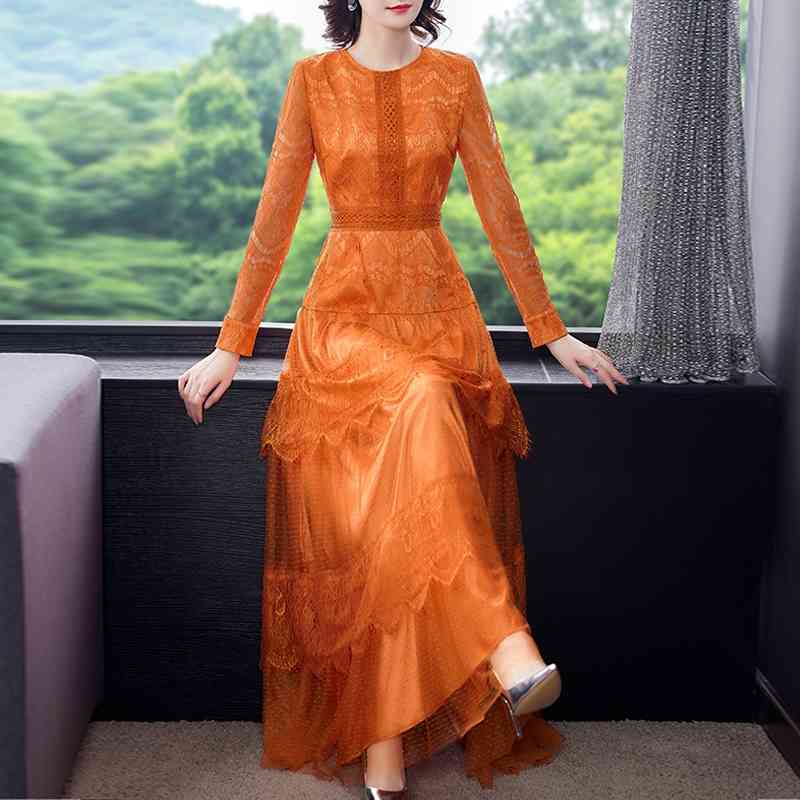 Fashion Spring Orange Lace Hollow Out Slim Maxi Dress Women's Long Sleeve Elegant Temperament Party Dresses 210520