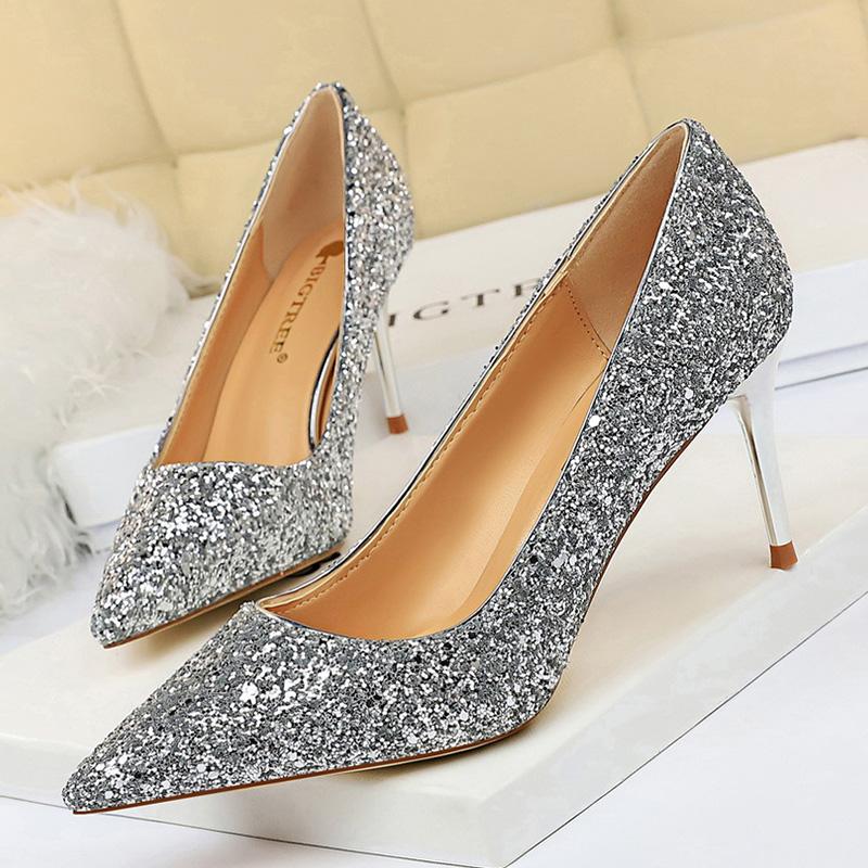 Dress Shoes Women 7.5cm Thin High Heel Pumps Bridal 2021 Bling Sparkly Heels Lady Party Fashion Glitter Wedding Plus Size
