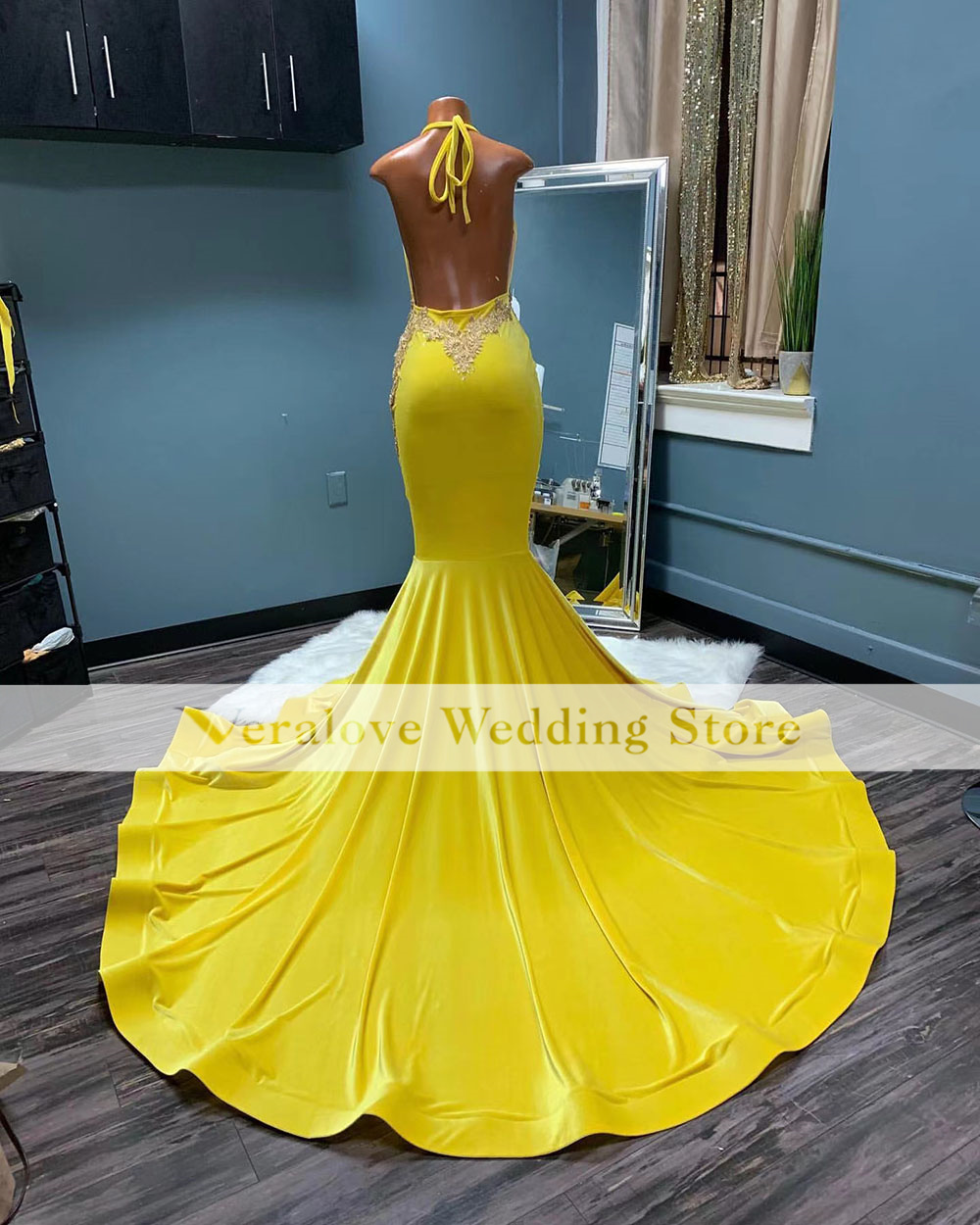 Yellow African Prom Dress Mermaid 2022 Halter Velour Formal Event Gowns Occasion Party Wear Custom Size