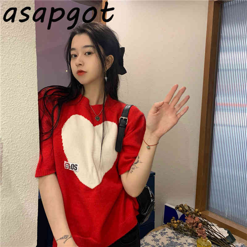Sweaters&Jumpers Pullovers O Neck Short Sleeve Sweater Love Heart Kniited Top Chic Sweet Fashion Casual Japan Style Spring 210429