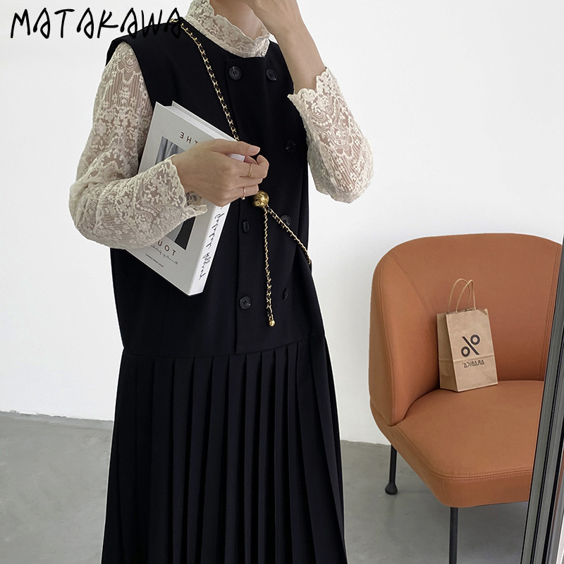 MATAKAWA Korea Black Pleated Woman Dress Sleeveless Vest Robe Women Loose Stitching Mid-length Vestidos + Shawl 210513