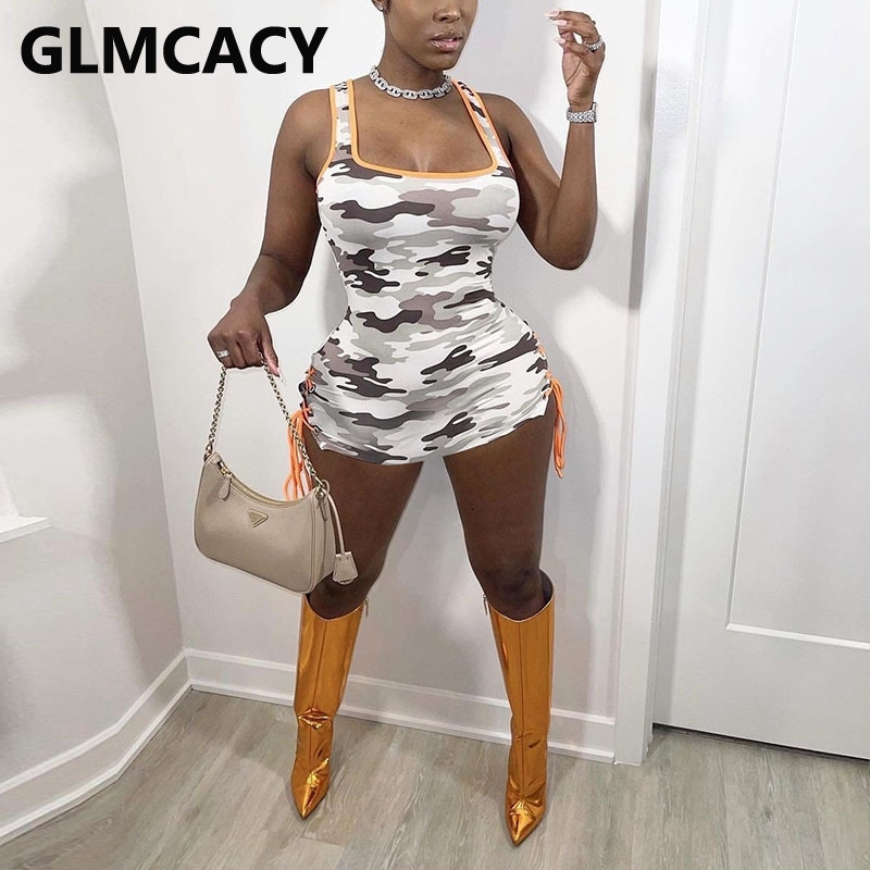 Women Sleeveless Camouflage Printed Bodycon Mini Dress 210702