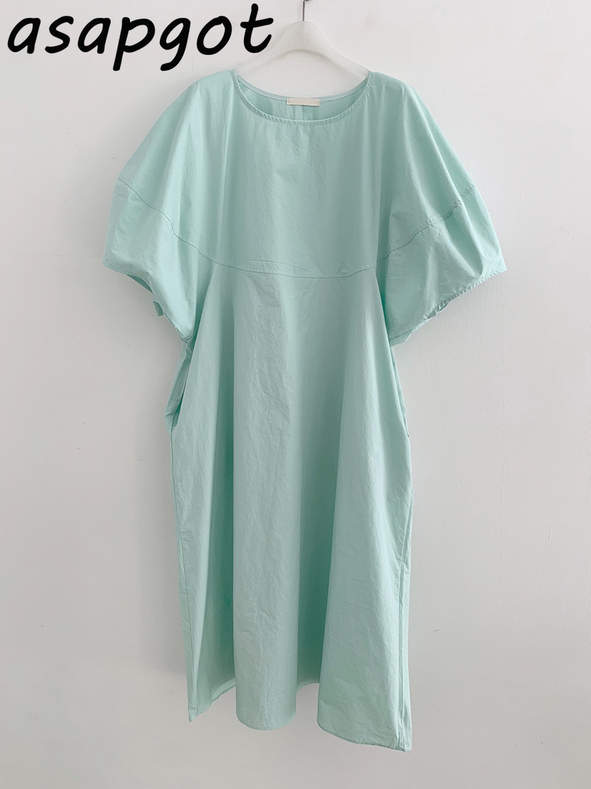 Minimalist Mint Green O Neck Puff Short Sleeve Loose Dress Women Casual Vestido De Mujer Summer Chic Korean Fashion 3 Color 210429