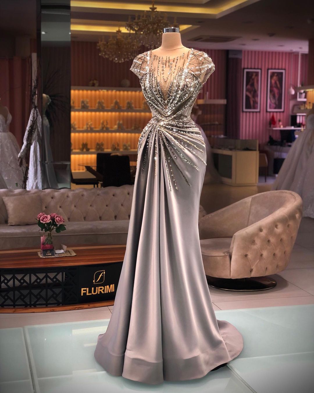 Plus Size Arabic Aso Ebi Silver Mermaid Luxurious Prom Dresses Sheer Neck Beaded Crystals Evening Formal Party Second Reception Gowns Dress ZJ392