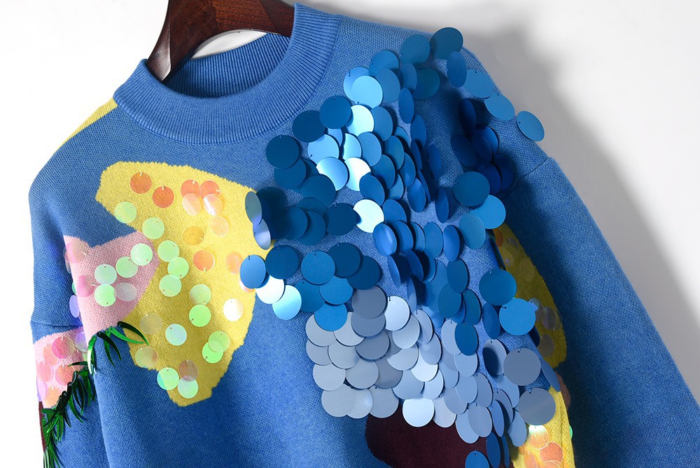 805 2021 Milan Runway Autumn Brand Same Style Sweater Long Sleeve High Quality Blue Sequins Crew Neck Pullover Fashion Clothes Womens M