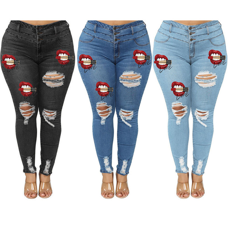 High Waist Plus Size Jeans For Women Fashion Red Lips Printed Ripped Denim Pencil Pant Elastic Casual Jeans -5XL, Black
High Waist Plus Size Jeans For Women Fashion Red Lips Printed Ripped Denim Pencil Pant Elastic Casual Jeans -5XL, Black