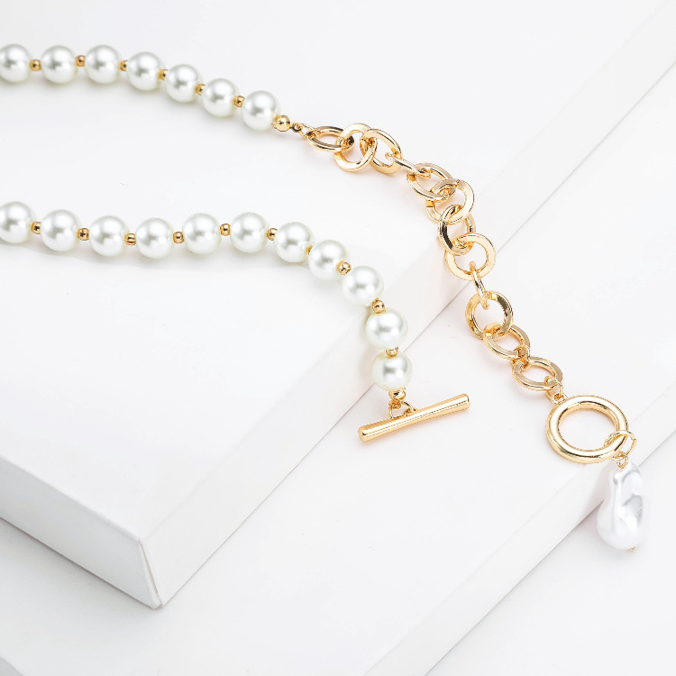 Punk Asymmetric Charm Chain Pearl Necklace For Women Baroque Irregular Pendant Long Toggle Chain New Trendy Jewelry Gifts