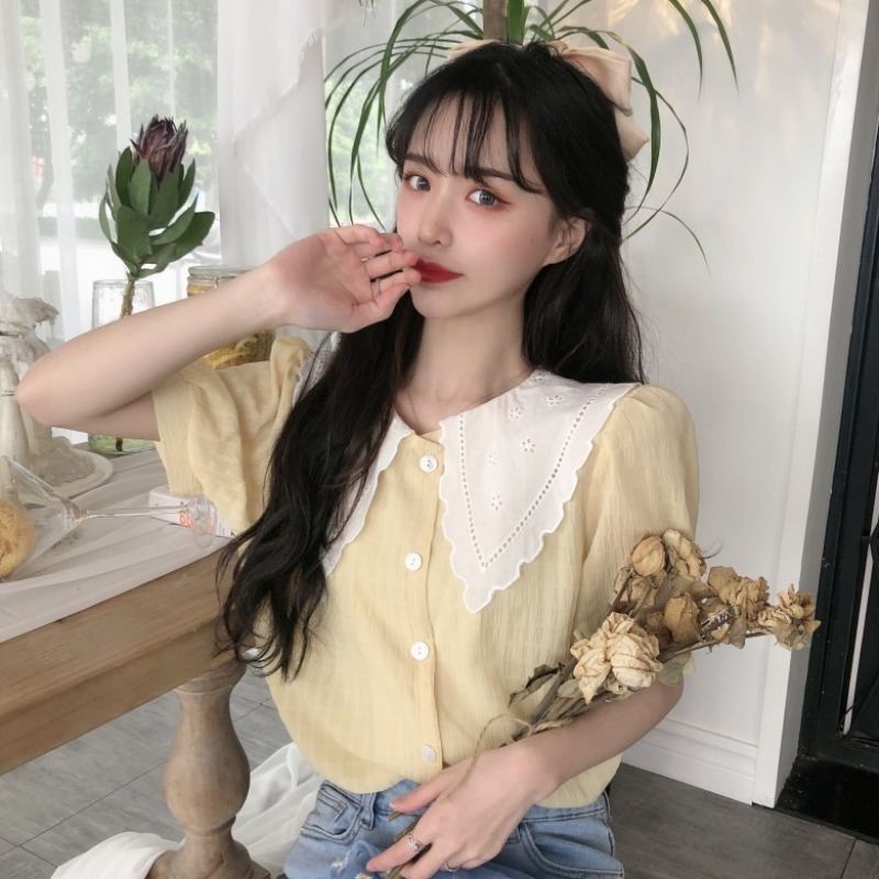 Chic Sweet Japan Summer Lace Patchwork Puff Short Sleeve Peter Pan Collar Purple Shirts Women Fashion Blusas Mujer Contrast 210429