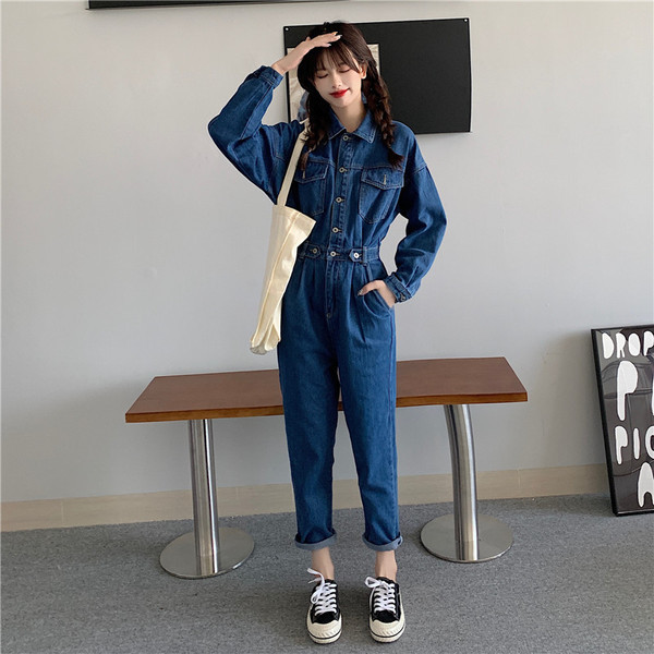 Fashion Streetwear Denim Overalls Women Autumn Long Sleeve Bodysuit High Waist Jeans Bodycon Rompers Belt Wide Leg Jumpsuit 210519