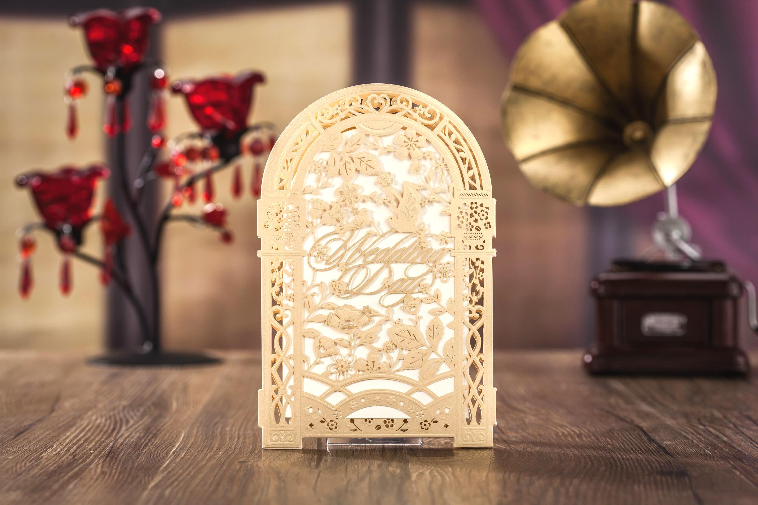 2021 Gold custom personalized Wishmade laser cut wedding invitation cards kit, with envelopes, seals, personalized printing, for wedding