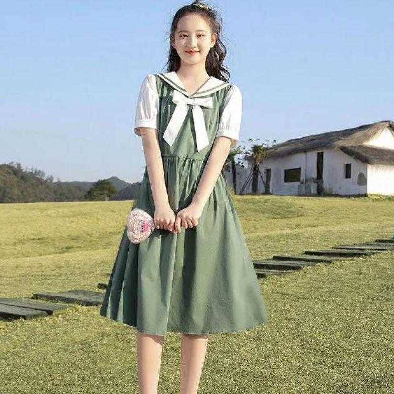 Harajuku Sailor Collar Navy Dress Japanese Lolita Sweet Bow-knot Girl Retro Kawaii Preppy Style Short Sleeve Women 210623