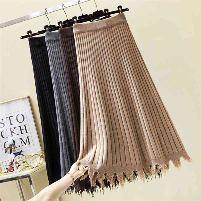 Autumn Winter Fashion Women High Waist Slim Knitted A-line Long Skirt All-matched Casual Tassel s Female Beige S232 210512