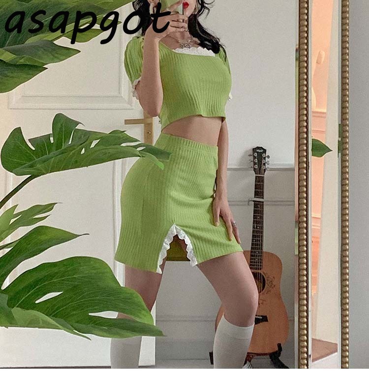 Sweet Girls Fresh Fashion Sets Lace Patchwork Square Neck Short Sleeve Tops Slim Mini Skirt Green Plus Size Summer Chic Korean 210429