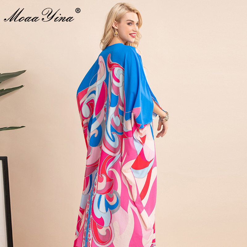 Bohemian Women's Summer Printed Single-breasted Batwing Sleeve V-Neck Loose Floor Long Length Kafatan Dress 210524