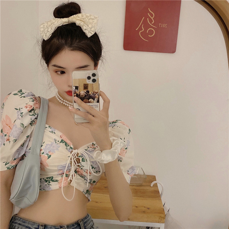 Sexy Summer Fashion Elegant Sweet Square Neck Puff Short Sleeve Floral Print Blouse Women Lace Up Shirts Blusas De Mujer 210429