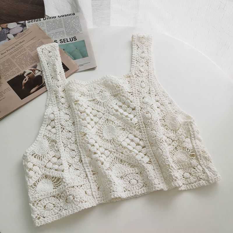 Summer Lace Hollow Out Crop Top Slim Korean Fashion Holiday Sexy Beach Tank W812 210625