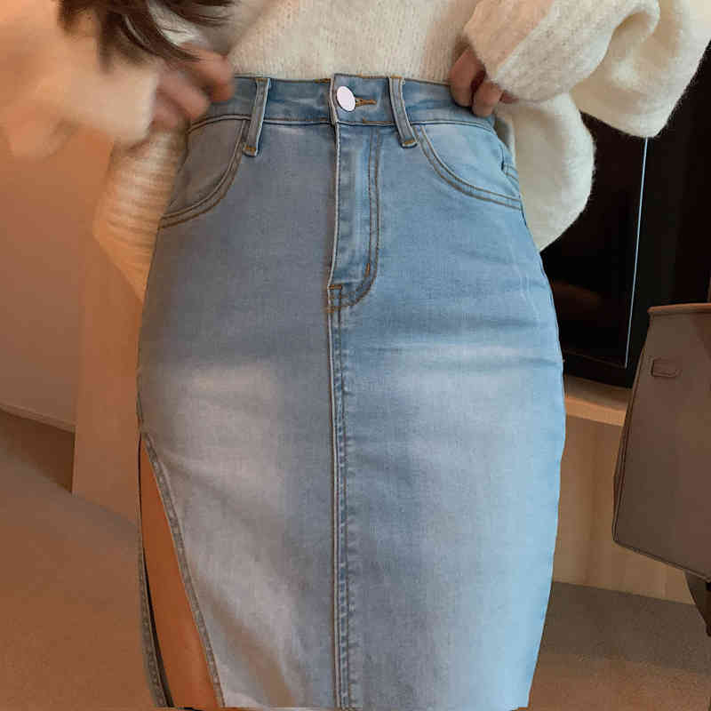 Nomikuma High Waist Sexy Split Jeans Skirt Korean Fashion Elegant Women Demin Skirts Spring New One-step Faldas Mujer 6E084 210427