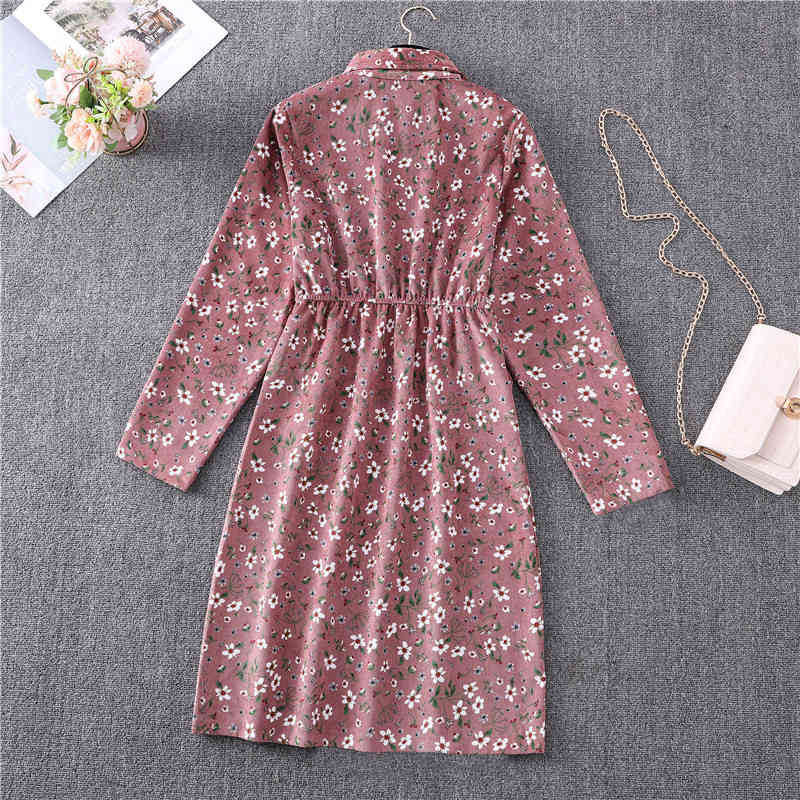 Fall Winter Spring Autumn Corduroy Women Long Sleeve Shirt Dress Pink Red Plaid Vintage Fashion Office Lady 210325