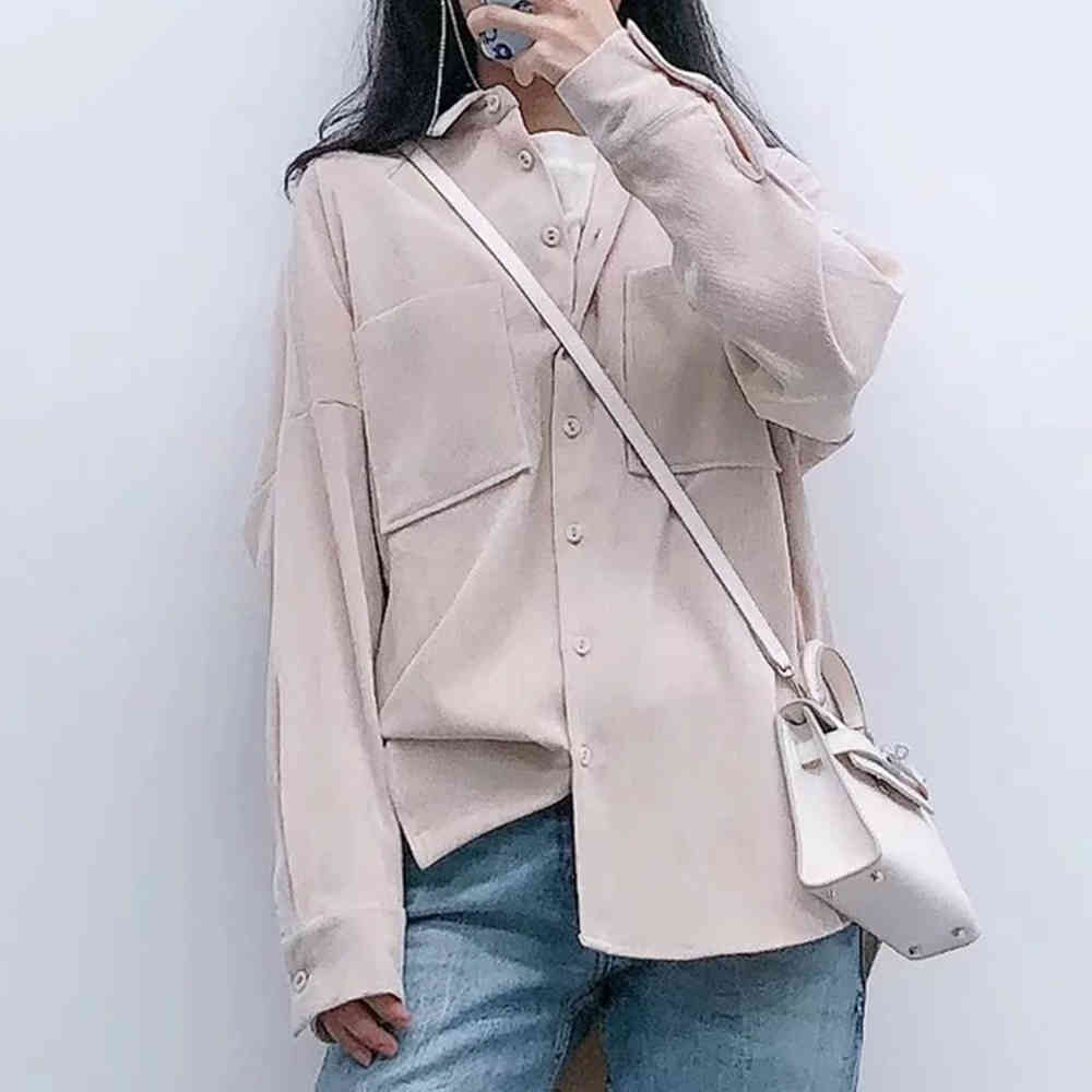 England Style Oversize Corduroy Shirt Women Spring Long Sleeve Pockets Loose Blouse Boyfriend Tops and Blouses 210428