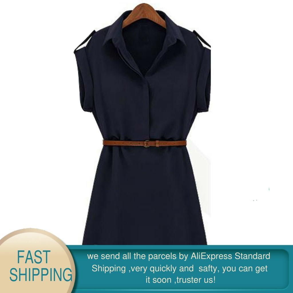 Women Casual Summer Shirt Dress Loose Short Sleeve With Belt Turn Down Collar Autumn Vestidos #20 210428