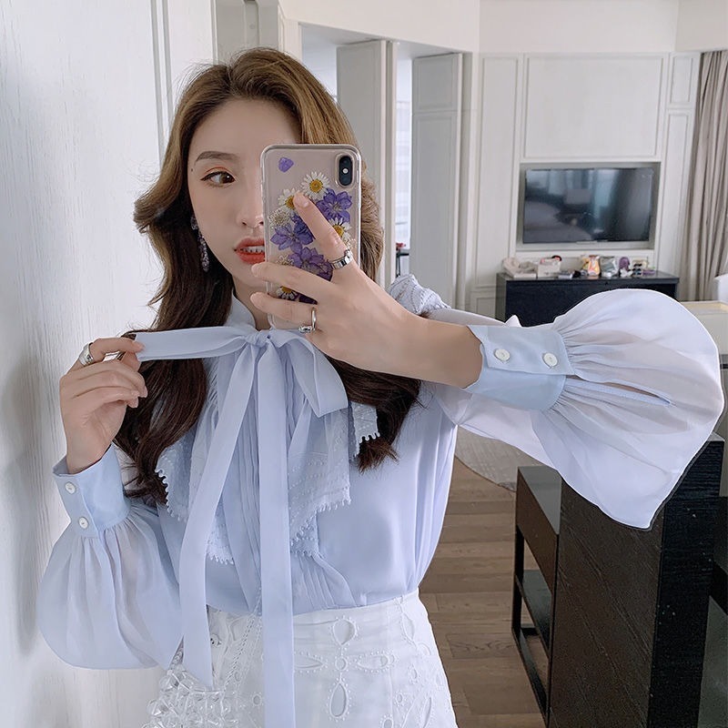 Nomikuma Women Blouse Korean Ruffle Patchwork Shirts Causal Bow Tie Stand Neck Elegant Tops Spring New Blusas Mujer 6F605 210427