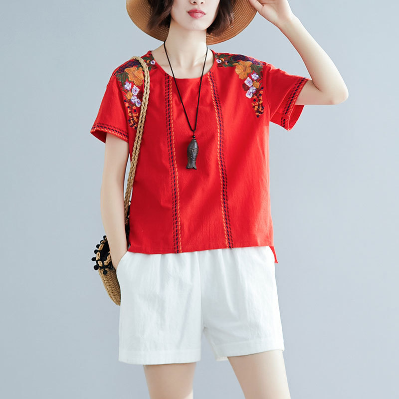 Summer Women T Shirt Plus Size Cotton Linen Flower Embroidery O-neck Loose Vintage Tee Femme Tops 5 colour L8119 210512