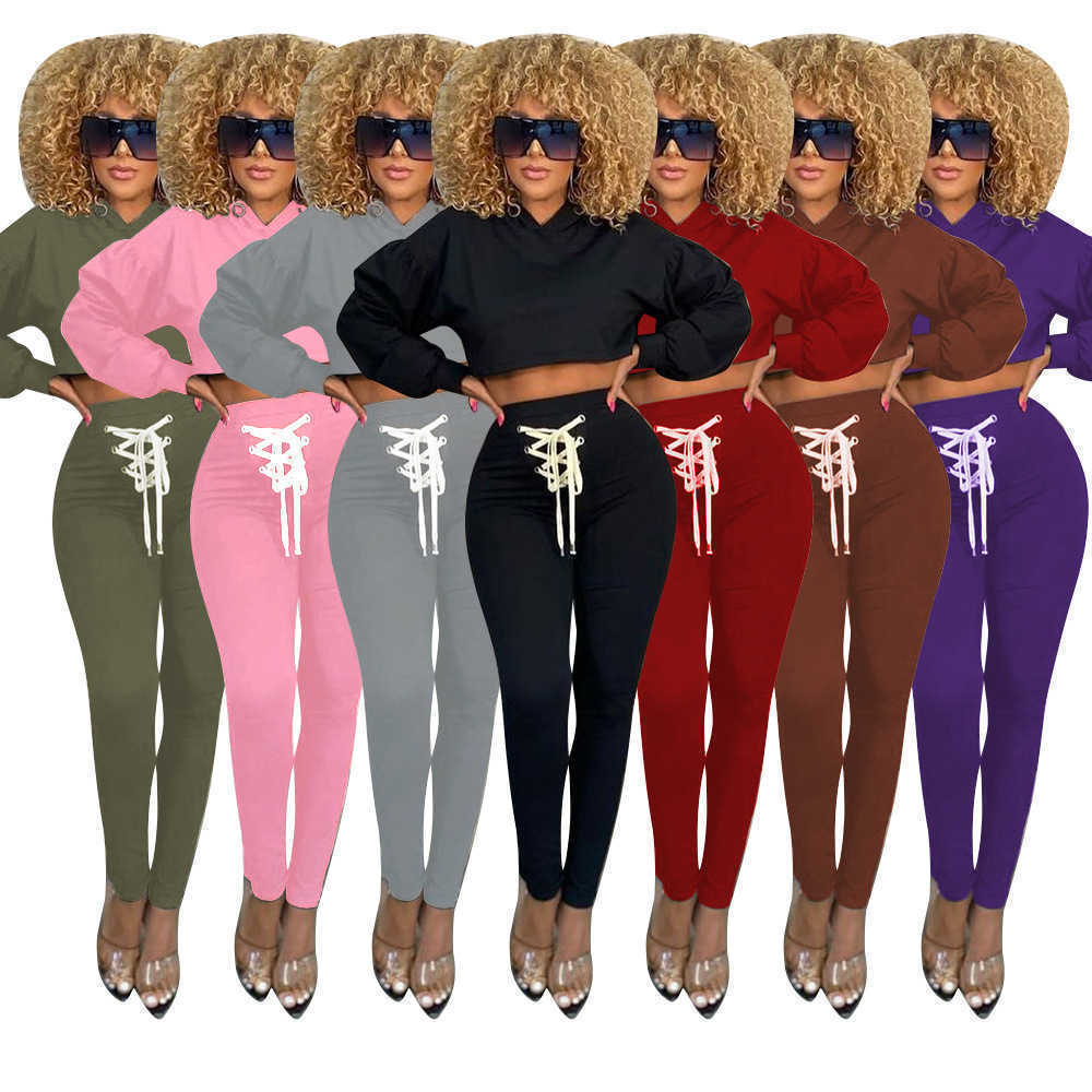 Women's Two Piece Pants Designers Women Clothes 2023 autumn and winter quality cotton bandage solid color slim fit two-piece set Recommend