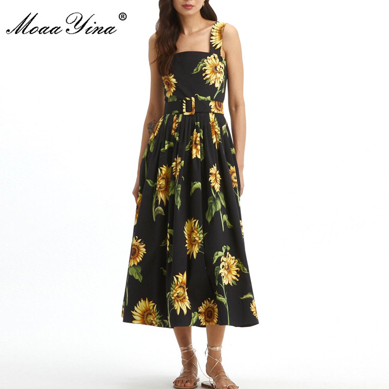 Women's Summer Black Cotton Spaghetti Strap Dresses Fashion Bohemian Vacation Sunflower print Elegant Party Dress 210524