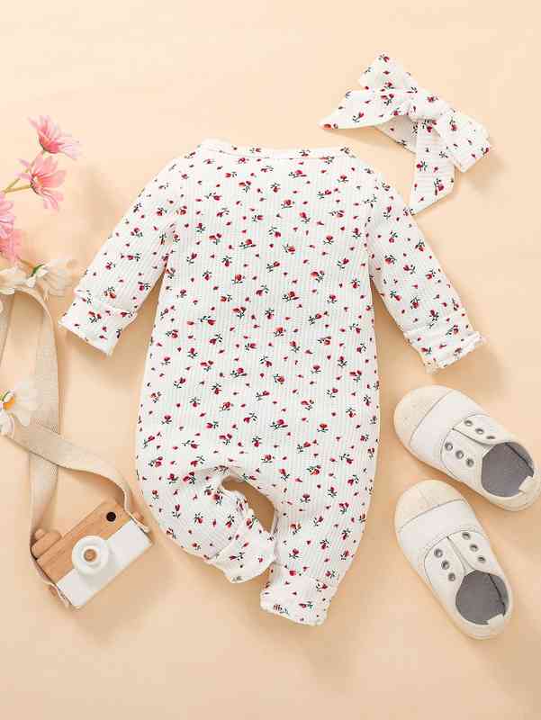 Baby Ditsy Floral Quarter Button Jumpsuit With Headband SHE