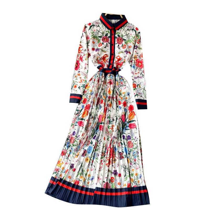 Fashion Elegant Pleated Dress Women's Autumn and Winter Printed Long Sleeve Korean Clothings Vestidos Q408 210527