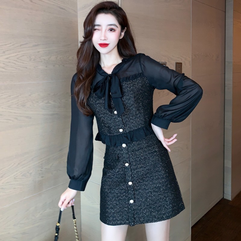 Autumn Elegant Women 2 Piece Sets Sweet Bow Chiffon Patchwork Tweed Shirt Top + Mini Skirt Suit 210518